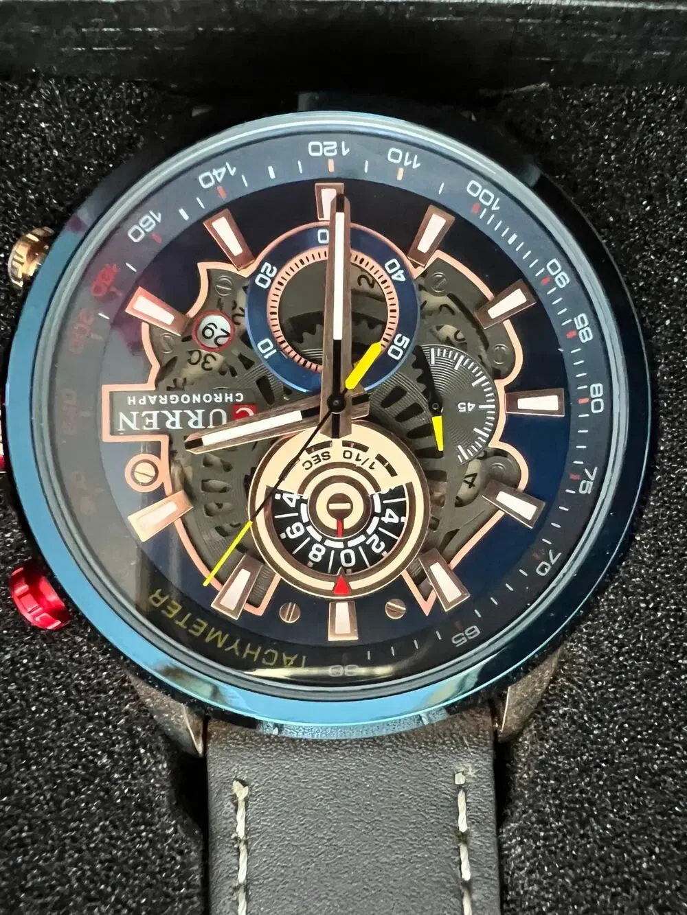 NIB CURREN 8380 Chronograph Skeleton Dial Blue Bezel Leather Men's Watch